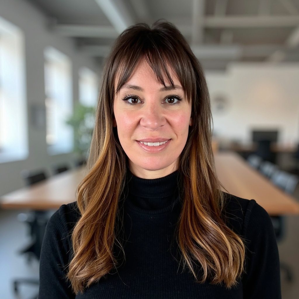 Woman smiling in office wearing black turtleneck